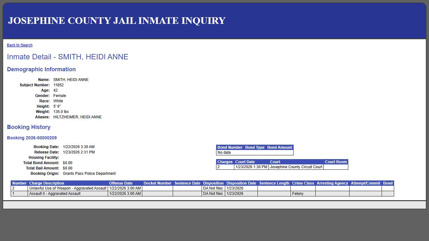 Inmate Detail - SMITH, HEIDI ANNE