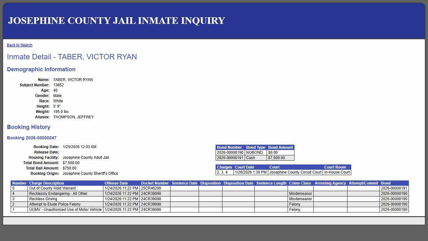Inmate Detail - TABER, VICTOR RYAN